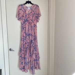 Brand New Misa Gorgeous High-Low Dress Size M Pink w Blue Flowers